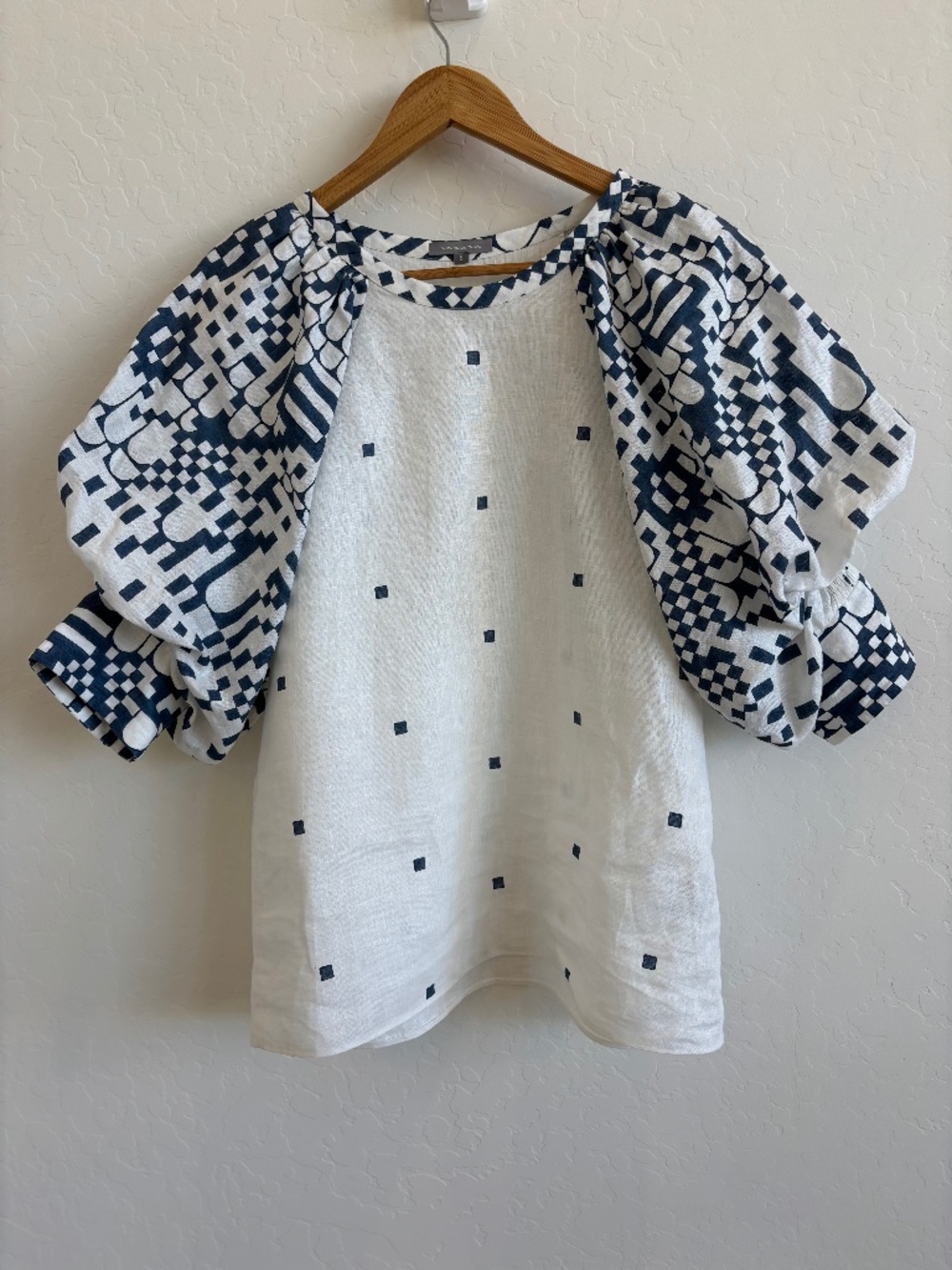 VARANA Luxury Puff Sleeve Top - Hand-Crafted Indigo &White Linen, Size US 4/UK 8